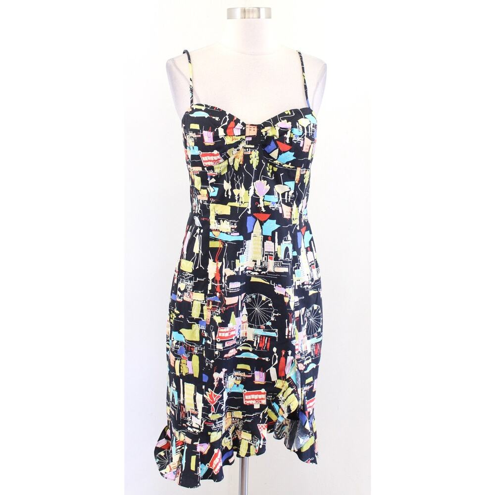 Vtg 2000s Y2k Muse Black London UK Novelty City Print Ruffle Hem Dress Size 6
